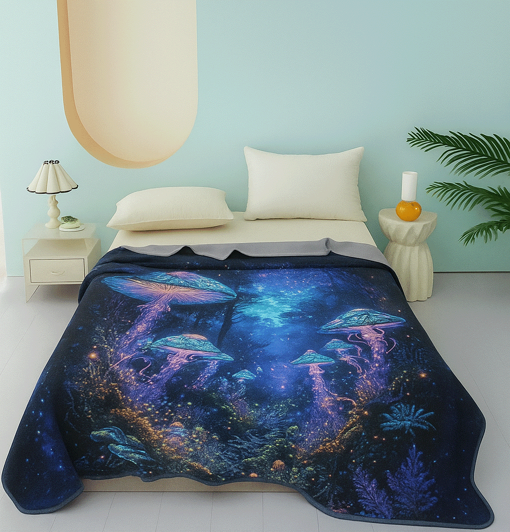 Cosmic Throw Blanket - Neon Shroom Dreamscape Design